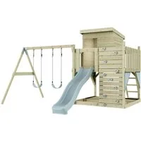 OutdoorToys Spielturm Björn, aus Holz in Eisblau mit Kinderschaukel & Rutsche, Kletterwand