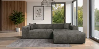 Ecksofa Designersofa CARLOTA in Stoff Perfect Harmony Dunkelgrau Ottomane Rechts