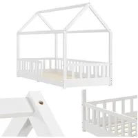 Juskys Kinderbett Marli, 90x200 cm, Hausoptik mit Dach, Holz, Rausfallschutz, 3 - 10 Jahren