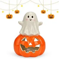 matches21 HOME & HOBBY Kerzenhalter Keramik Windlicht Geist & Kürbis, Weiß, Halloween Deko, 12 cm (1 St), Ideal für Halloween-Partys & Herbstdeko