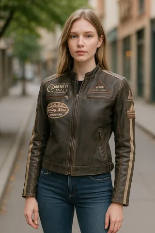 Damen Vintage Tan Biker Racing Badges Lederjacke-Eastleigh