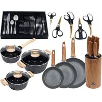 KING Topf-Set Essential 21, Aluminiumguss (Set, 51-tlg., 3Töpfe,5Messer,Messerblock,3Pfannen,Etui,Menü-+Kuchenbesteck,5Schere), Holzoptik, Induktion