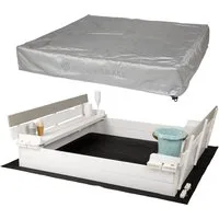 WONDERMAKE Sandkasten mit Abdeckung Deckel Sitzbank Boden Sandkiste Holz mit Bänken Vlies, mit Sitzbänken, Bodenfolie, silberne Abdeckung inkl. Tasche