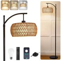 LMaxhome Stehlampe LED Bogenlampen Rattan Lampenschirm Dimmbar Stehleuchte für Wohnzimmer, Höhenverstellbarer und um 360° drehbarer Lampenarm, LED fest integriert, Warmweiß, Naturweiß, Kaltweiß (3000-6500K), E27 Fassung max 12W, Fernbedienung App-Ste