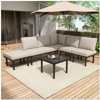 Flieks Gartenlounge-Set, 6 Sitzer frei-kombinierbar Gartenmöbel aus Seil Tischplatte aus Glas