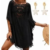 MOPUEA Strandkleid Damen Bikini Cover Up Strand-Tunika mit Fransen Strandbekleidung (mit Boho-Ohrringen, 1-tlg., Filigrane Häkelspitze umrahmt den tiefen V-Ausschnitt) Einheitsgröße mit Wohlfühlgarantie