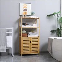 Kleankin Badkommode mit 2 Lamellentüren, 2 offene Fächern & Schrank (Badezimmerschrank aus Bambus, 1 St., Badschrank), für Badezimmer, Wohnzimmer, 60x30x120 cm Natur