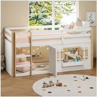 Odikalo Kinderbett 90x200 Hochbett mit Stauraum (Kinderbett, Etagenbett (90 x 200 cm), Hochbett, multifunktionales Kinderbett mit Leiter, unterbaubar zur Spielfläche, ohne Matratze, weiß)