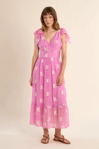 molly bracken - Midikleid mit Blumenstickerei und V-Ausschnitt pink - Gr. - M