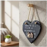 Levandeo® Wandbild, Wandbild Schieferherz 15x15cm Zuhause Willkommen Türschild Wanddeko