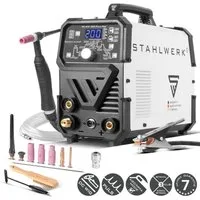 STAHLWERK Inverterschweißgerät DC WIG 200 Puls Pro Digital mit Pulsfunktion & MMA, 10 - 200 A, Packung}, 7-tlg., Einzelgerät, Digitales Profi WIG Schweißgerät mit MMA E-Hand und Pulsfunktion