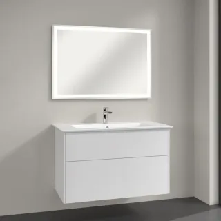 Villeroy & Boch Finero Badmöbel Set 100 cm Glossy White Waschtisch mit Waschtischunterschrank und Spiegel