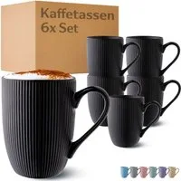 Cosumy Tasse Kaffeetassen 6er Set in Schwarz Matt 350ml - Streifenmuster - Keramik, 6-tlg., Keramik, Auch als Teebecher, Teetasse, Lungo Tasse - Mit Streifenmuster