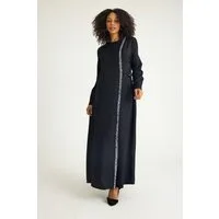 fashionshowcase Tunikakleid Damen Abaya Maxikleid 140cm mit Schmuckborte Modest elegant
