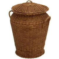Krines Home Wäschetonne Wäschekorb Wäschetonne Wäschesammler Ø 50 cm aus echtem Rattan, rund mit Deckel und Inlett