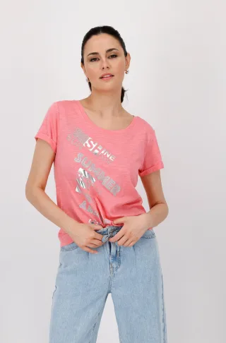 monari - T-Shirt mit Schmuckschrift coral pink - Gr. - 40
