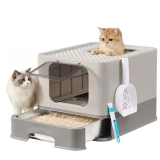 FEANDREA Katzenklo Edelstahl, Katzentoilette mit Schublade, Schaufel, Bürste, 2 Eingänge hellgrau