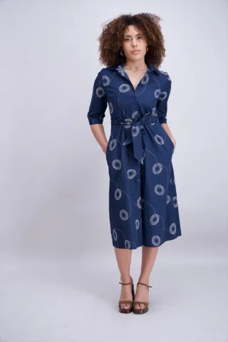signe nature - Hemdblusenkleid in Midilänge mit Muster und Bindegürtel blau - Gr. - 36