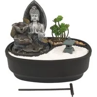 Lemodo Zimmerbrunnen Tischbrunnen mit Zen-Garten, Pumpe mit LED-Beleuchtung