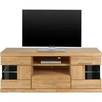 OTTO home Lowboard Ribe,140cm breit, Fronten Massivholz,6 Fächer,Kabeldurchführung, Korpus Holzwerkstoff,Glaseinsatz aus gehärtetem Glas,Böden versetzbar
