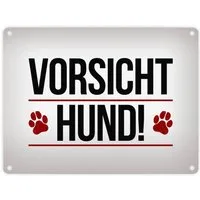 speecheese Metallschild Vorsicht Hund! Metallschild mit Pfoten Motiv in rot Warnung Hinweis