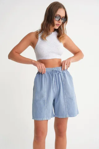 Hohe Taillen Baumwollkordelzug Mini-Shorts