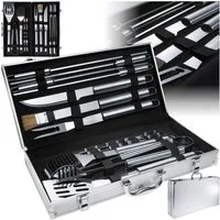 tectake Grillbesteck-Set 18-tlg. Grillbesteck-Set aus Edelstahl mit langen Griffen im Koffer, (Grillwerkzeug-Set, in grau), mit Samt-Innenverkleidung für übersichtliche Aufbewahrung des Bestecks