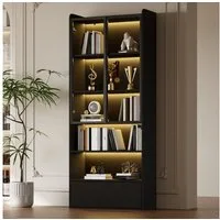 Merax Standvitrine Vitrine mit LED-Beleuchtung und Stauraum (für stilvolle Aufbewahrung und Präsentation von Sammlerstücken, 1-St., 80 x 34 x 180 cm) Wohnzimmerschrank mit Schublade & 2 Glastüren, Hochschrank, Standregal