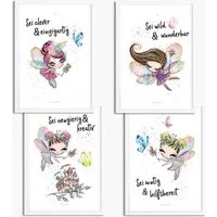 Sunnywall Poster Poster Kinderzimmer Feen mit Spruch (4er Set), Fee (Set, 4 St), ungerahmt