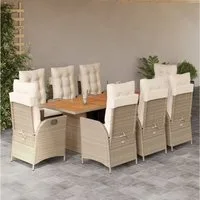 vidaXL Garten-Essgruppe 9-tlg. Garten-Essgruppe mit Kissen Beige Poly Rattan, (8-tlg)