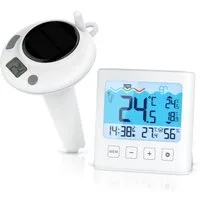 BEARWARE Schwimmthermometer Schwimmthermometer, Poolthermometer mit Wetterstation, Funk, digital, Set 2-tlg., Pool-Thermometer, Basisstation, USB-C-Ladekabel & Seil, Wassertemperatur, Luftfeuchte, Innentemperatur, Außentemperatur, Solar