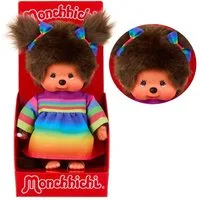 Monchhichi Plüschfigur Mädchen im Regenbogen-Kleid 20 cm Monchhichi Puppe zwei Zöpfchen