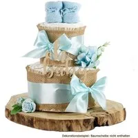 dubistda-WINDELTORTEN- Neugeborenen-Geschenkset Windeltorte ALLES JUTE mit "Oh Baby"-Holz Caketopper und Baby Booties