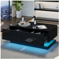 Merax Couchtisch hochglanz Beistelltisch mit LED-Beleuchtung inkl.App (1-St), Beistelltisch Wohnzimmertisch mit 2 Schubladen, Sofatisch 90x50x38cm