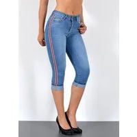 ESRA Caprijeans 3/4 Jeans Hose Capri Jeans mit Seitenstreifen Caprihose Damen Sommer High Waist Capri Jeans Damen 3/4 Hose mit Galon-Streifen bis Plus Size