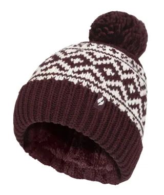 Gemusterte Damen-Turnover-Bommelmütze | Wärmehalter | Grober Zopfstrick mit Heatweaver-Fleece-Futter | Billingen Style - Wein