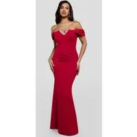 Goddiva Maxikleid Diamante Heart Trim Evening Maxi Dress Langes Kleid, Schulterfrei