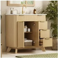 Merax Waschtisch mit Waschbecken, freistehend Waschtischunterschrank Holzoptik (Badezimmer Unterschrank ohne Armatur, 1-St., 81×47×90cm), Badschrank mit 3 Schubladen, Doppeltür & Einlegeboden
