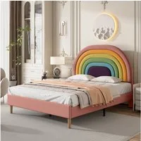 Flieks Polsterbett, Kinderbett mit verstellbarem Regenbogen-Kopfteil 140x200cm Samt