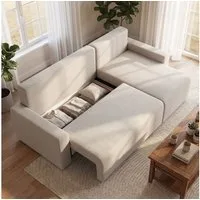 HOMCOM Schlafsofa L-Form 3-Sitzer Sofa aus Veloursbezug Schlafcouch, Beige, Eckcouch 1 Teile, Schlaffunktion, umkehrbare Ottomane, Stauraum