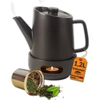 DEKAZIA Teekanne aus Keramik 1,2 L Volumen mit Stövchen für langanhaltend warmen Tee, (mit Stövchen und feinmaschigem Edelstahl Teesieb), inkl. Edelstahl Teesieb für losen Tee und Stövchen