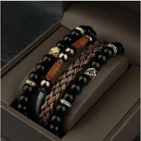 Jungengel Armband Herren Männer Accessoire 3-Teilig Schmuck Set Leder Naturstein Perlen (3-tlg., 3-teiliges Armband-Set), Geschenkbox, Edles Accessoire mit Magnetverschluss, stilvoll verpackt