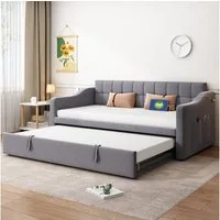 Odikalo Schlafsofa Zweisitzer-Schlafsofa, geeignet für Wohnungen und kleine Wohnungen, Polsterbett Schlafsofa 2 in 1 Multifunktionsschlafsofa 90x190 180x190, Grau / Hellgrau Samtstoff Polsterbett mit Aufbewahrungstasche, Weiches Kissen, vielseitiges 