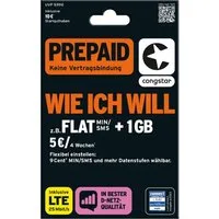 Congstar Prepaid wie ich will, SIM-Karte ohne Vertrag, LTE mit 25 Mbit/s Prepaidkarte, (Telefonie & SMS Flat, EU-Roaming inkl)