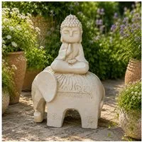 INtrenDU Gartenfigur Buddha auf Elefant 56 cm groß – Zen-Deko, Frostsicher aus Magnesia, edle Steinoptik