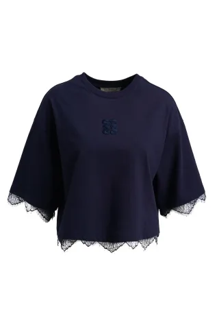 Smith&Soul - Boxy Cropped T-Shirt Lace Hem marine - Gr. - L