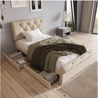 Flieks Polsterbett, Einzelbett Stauraumbett mit 2 Schubladen Leinen 90x200cm