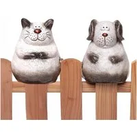 Annastore Dekofigur Zaunhocker Hund und Katze aus Terracotta - Gartenfigur - Zaunfigur, Tierdeko für Zaun, Höhe 16 cm