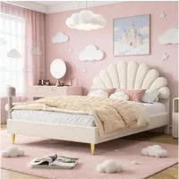 NMCXXO Polsterbett Polsterbett 140x200 mit Lattenrost Samt Beige, Doppelbett mit Muschel Kopfteil & Goldfüßen