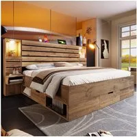 Odikalo Polsterbett Holzbett Bettgestell 160x200 180x200 mit LED USB und Stauraum (mit LED-Downlights und USB Type-C, beleuchtete Nische, schwebende Nachttische, Unterbett-Stauraum mit Schubladen, Eichenoptik)